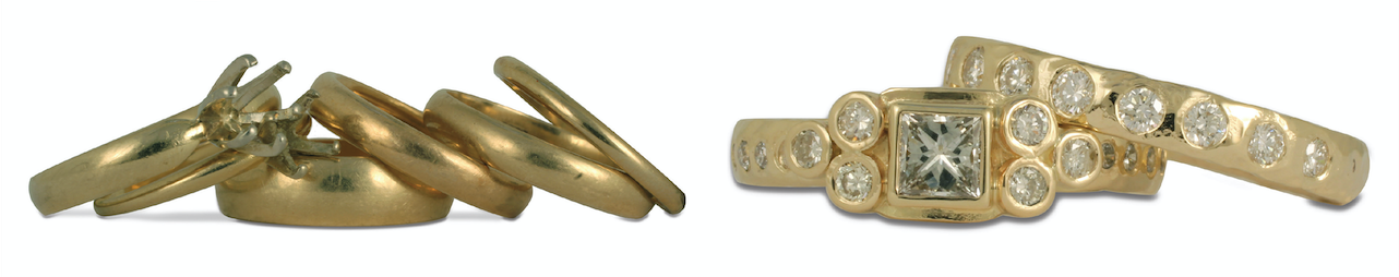 In this jewelry redesign before and after, we reused four old rings to be a pair new custom diamond rings. We love to reset diamonds!